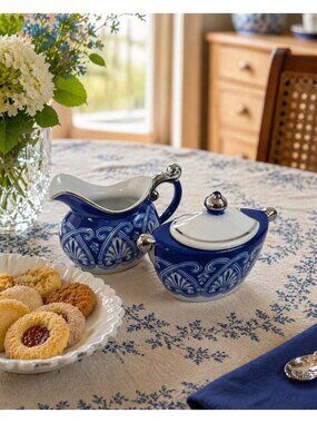 Blue & White Ceramic Creamer & Sugar Bowl Set With Silver Accents By Bombay